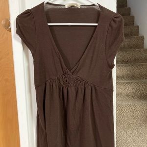 Brown Short Sleeve V Neck Blouse